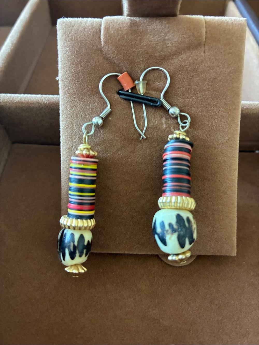 Vintage 1990s African Artisan Batik Bone & Vinyl Disc Bead Dangle Earrings